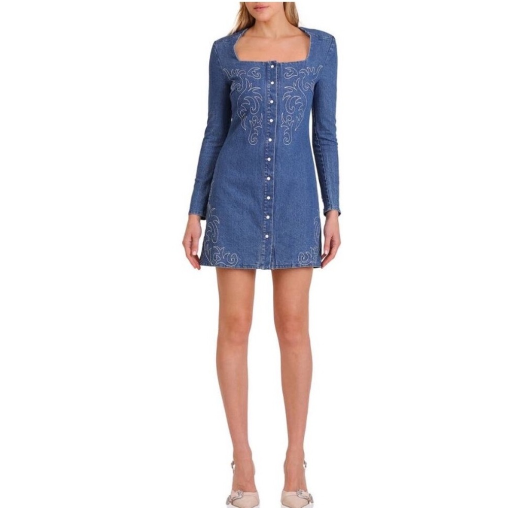 Avec Les Filles Western Long Sleeve Denim Minidress Provence Wash Size 10 NWT